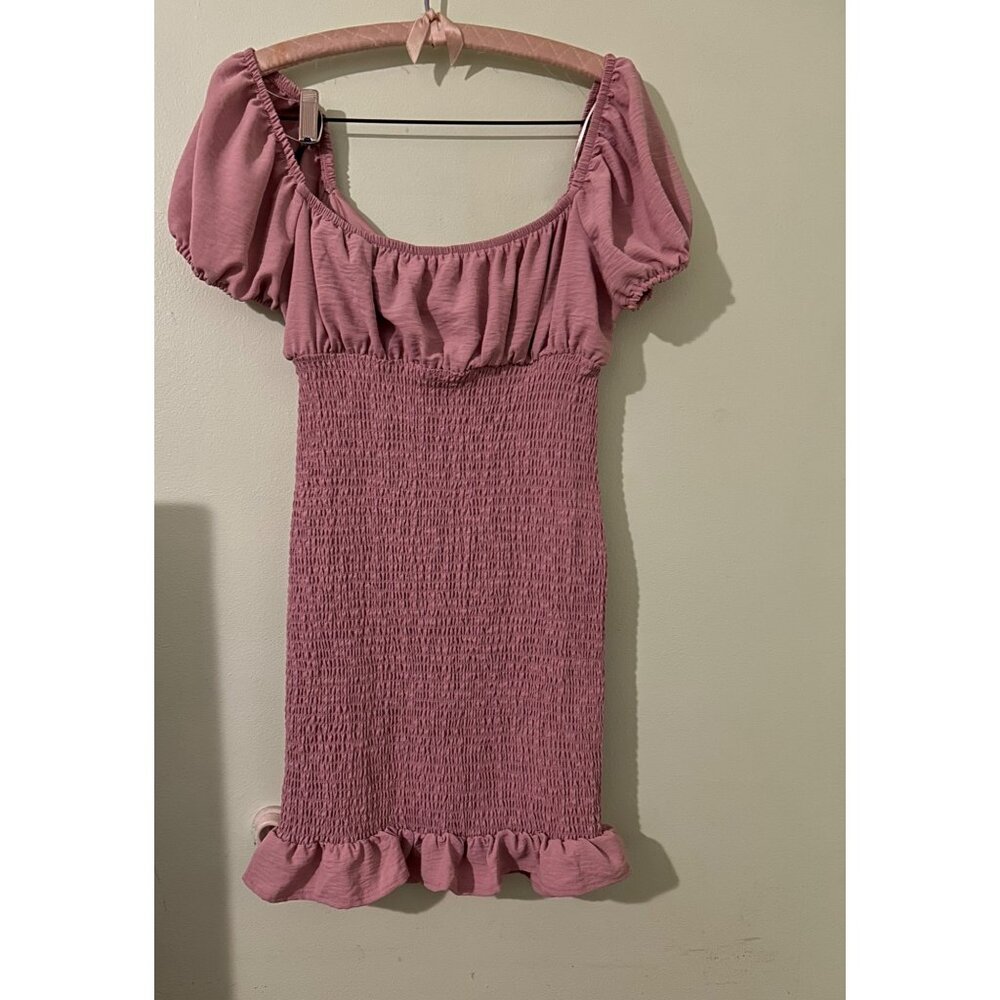 Love Tree Smocked Mini Dress Pink Puff Sleeve Ruffle Hem Square Neck Size M Cott